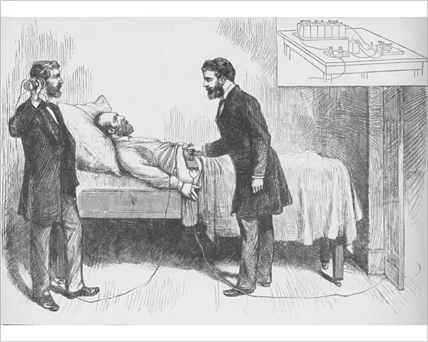 Alexander Graham Bell and assistant use an electrical detector to find a bullet in the torso of ail Artist: W Shinkle