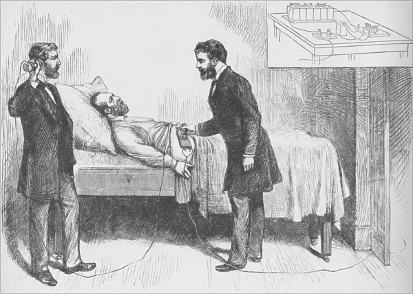 Alexander Graham Bell and assistant use an electrical detector to find a bullet in the torso of ail Artist: W Shinkle