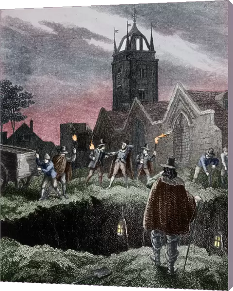 Filling a mass grave at night during the Plague of London, c1665