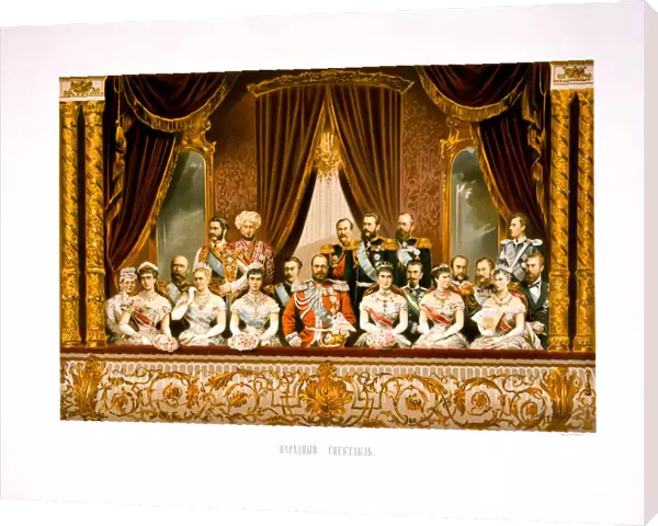 The group portrait at the Bolshoi Theater. Coronation of Empreror Alexander III and Empress Maria Fy Artist: Alexandrovsky, Stepan Fyodorovich (1843-1906)
