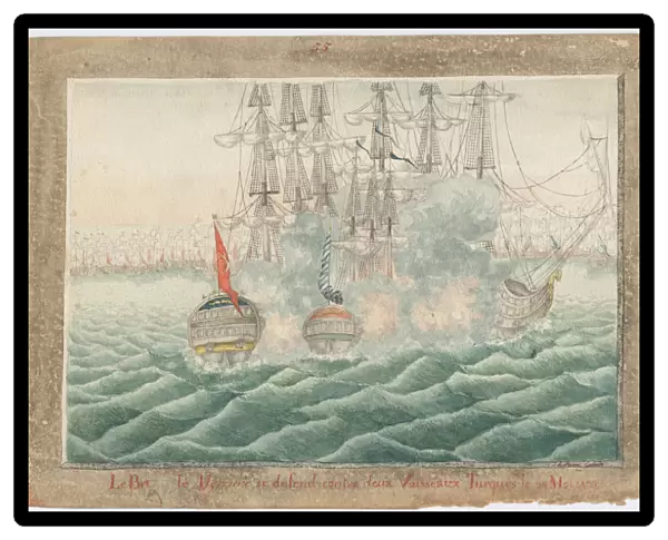 Brig Mercury fighting two Turkish ships on May 14th, 1829, 1829. Artist: Anonymous
