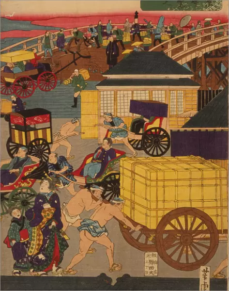 Flourishing Nihonbashi section of Tokyo. (Tokyo Nihonbashi han ei no zu) Triptych. Artist: Yoshitora, Utagawa (active 1850-1880)