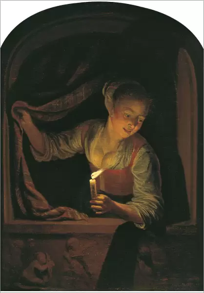 Woman with a lighted Candle at a Window. Artist: Dou, Gerard (Gerrit) (1613-1675)