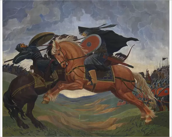 Single combat of Peresvet and Temir-murza on the Kulikovo Field in 1380. Artist: Jacobi, Mavriki Petrovich (1906-1938)