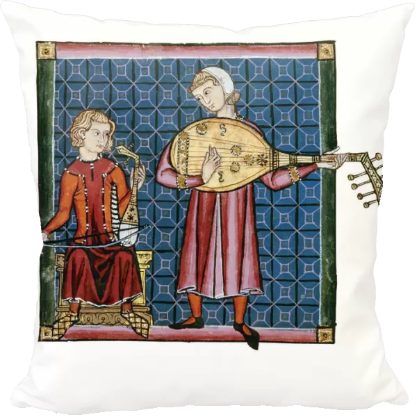 Two minstrels. Illustration from the codex of the Cantigas de Santa Maria, c. 1280. Artist: Anonymous