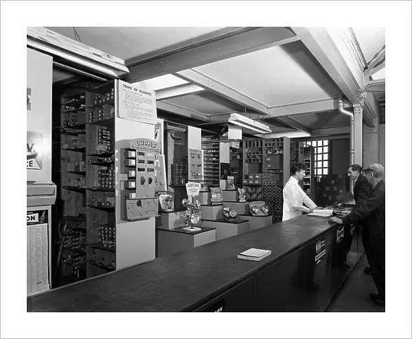 Shop counter, Globe & Simpson auto electrical engineers, Nottingham, Nottinghamshire, 1961