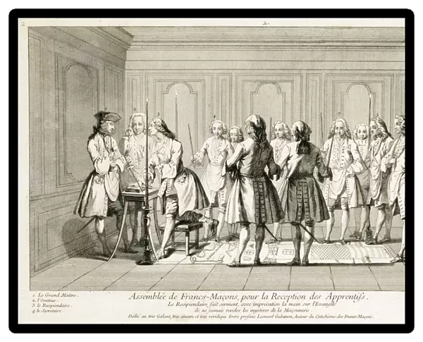 Assembly of Freemasons to initiate an apprentice, c1733