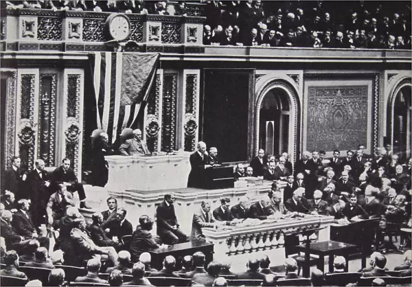 President Wilson in Congress recommending the US enter the war against Germany, 1917