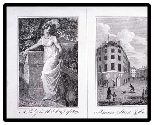 Woman in a dress and London street scene, 1803