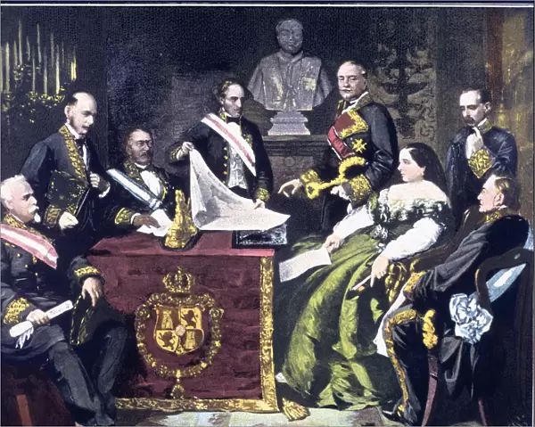 The Council of Ministers headed by Elizabeth II declares war on Morocco in 1859, engraving