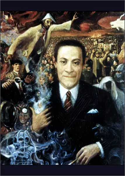 Jardiel Poncela in his universe, oil from 1992, Enrique Jardiel Poncela (1901-1952)