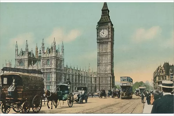 Houses of Parliament, & Westminster Bridge, London, c1900s. Creator: Unknown