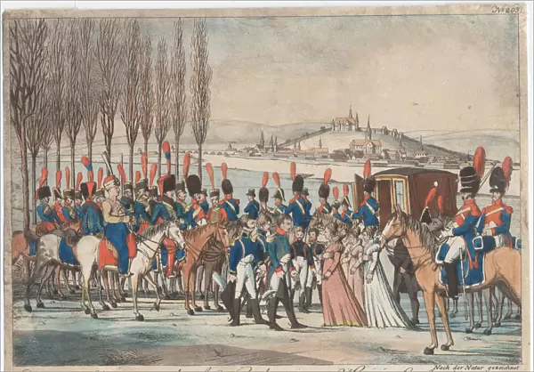 Napoleon introducing Empress Marie-Luise to his family outside pavilion near Soissons