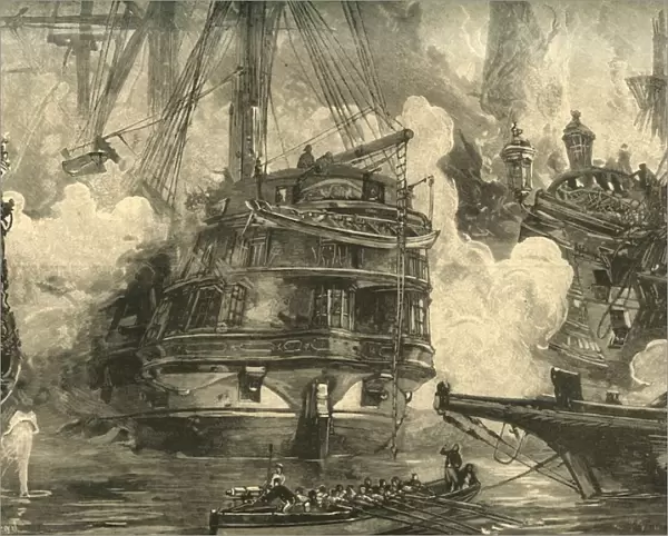 Battle of Navarino: HMS Asia engaging the ships of Capitan Bey and Moharram Bey, 1827 (c1890)