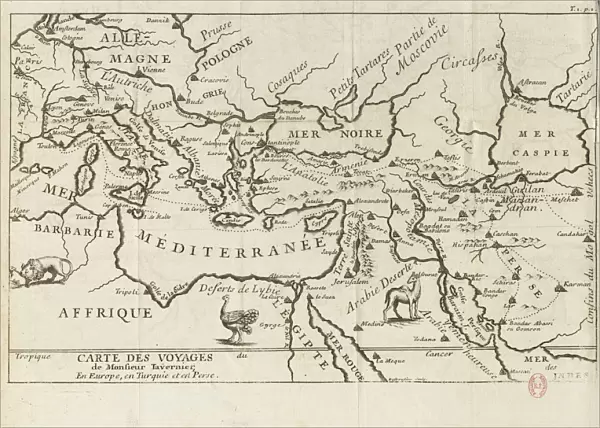 Map of Taverniers Travels in Europe, Persia, Turkey, 17th century. Creator: Anonymous master