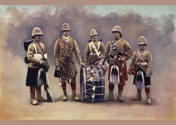 Private, Drummers, Piper, and Bugler - The Black Watch, 1900. Creator: Knight