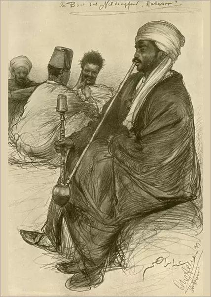 Man smoking a water pipe on board the Hatasoo steamboat, Egypt, 1898