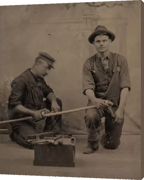 Two Plumbers with a Pipe, Pipe Cutter, and Toolbox, 1870s-80s. Creator: Unknown
