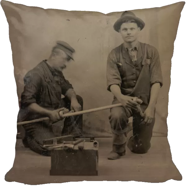 Two Plumbers with a Pipe, Pipe Cutter, and Toolbox, 1870s-80s. Creator: Unknown