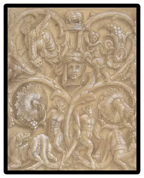 Design for an Ornamental Panel with Rinceaux, Satyrs, Putti, Monsters and a Human Head