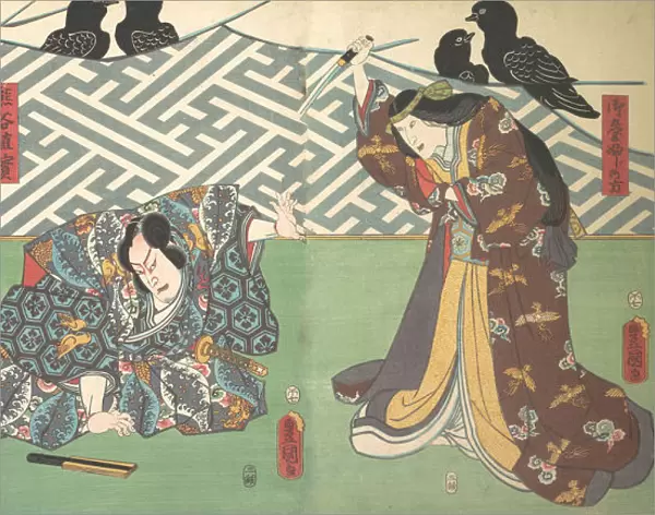 Three Actors on Stage: Kumagai Naozane, 1858. 1858. Creator: Utagawa Kunisada
