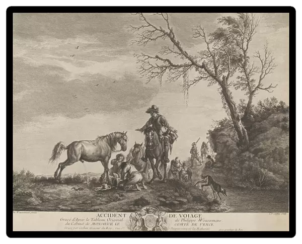 An accident while traveling, a kneeling man fixing a broken saddle, a horse pissing at