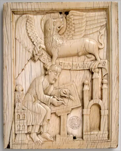 Evangelist Saint Mark writing the Gospel with his symbol, the Lion, holding a scroll