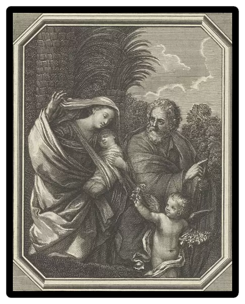 The Flight into Egypt; the holy family walking with the young John the Baptist, tre