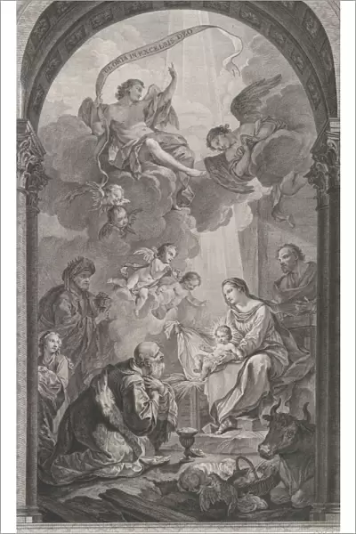 The Chapel of the Enfants-Trouves in Paris: Les Rois mages Gaspard et Melchior adorant l'E... 1752. Creator: Etienne Fessard