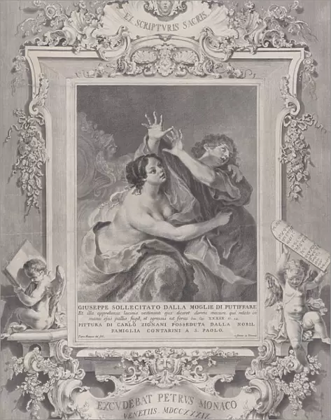 Joseph and Potiphars wife, within an ornate frame, 1739. Creator: Pietro Monaco