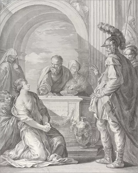 Jephthahs daughter kneeling by the sacrificial altar, with her father standing at righ