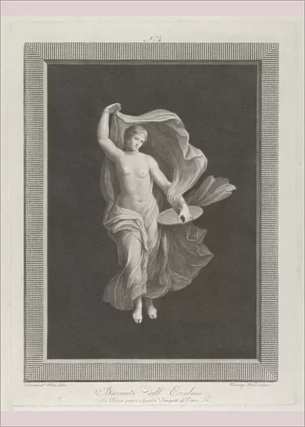 A partly nude bacchante holding a disk in her left hand and raising her garments... ca