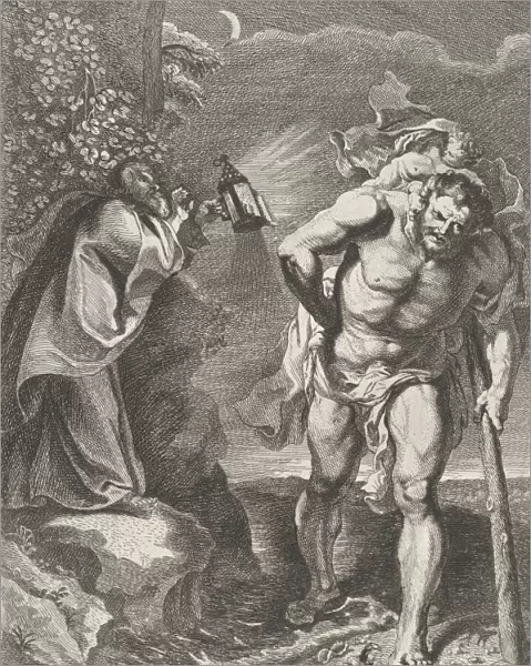 Saint Christopher carrying the Christ child across a stream, another man holding a