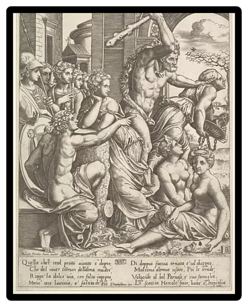 Envy or Avarice at the right being driven from the temple of the Muses by Hercules who