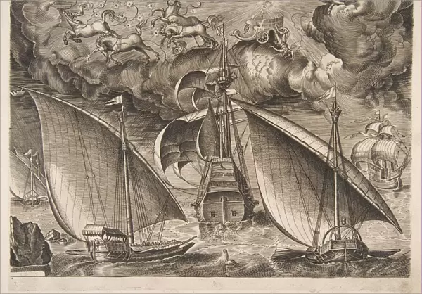 Two Galleys Sailing Behind an Armed Three-Master with Phaeton and Jupiter in the Sky, f
