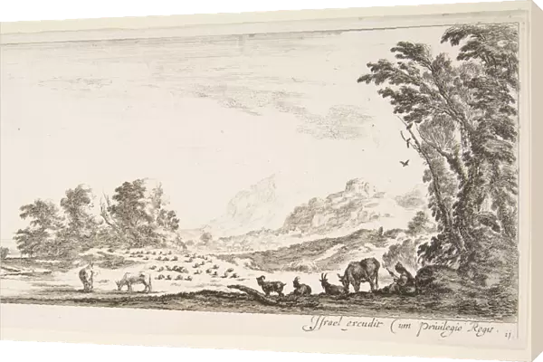 Plate 11: shepherdess seated to the right under a tree, watching her flock to the left