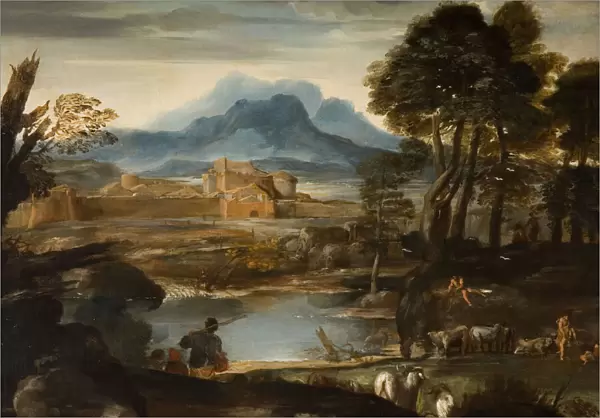 Landscape with a Lake and a Walled Town, 1635. Creator: Pietro da Cortona