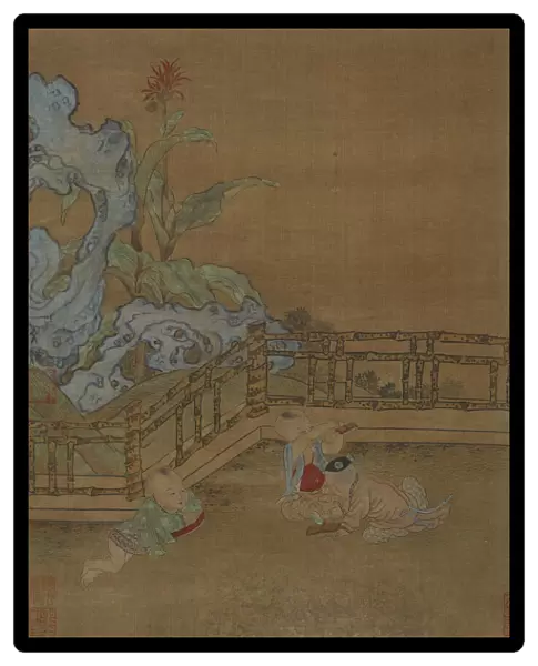Three children playing on a garden terrace, Ming dynasty, 1368-1644. Creator: Unknown