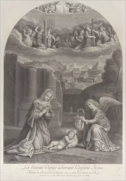 The Virgin Mary adoring the Christ child, an angel holding a crown of thorns at right