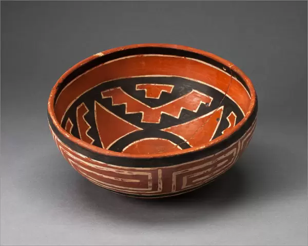 Polychrome Bowl with Geometric Star Motif on Interior and Interloking Scroll on Exterio