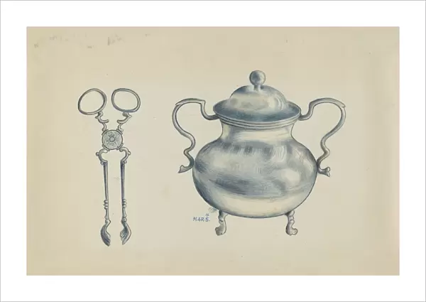 Silver Sugar Bowl and Tongs, c. 1936. Creator: Margaret Stottlemeyer