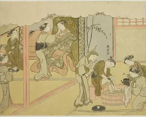 The First Childbirth (Uizan), the seventh sheet of the series 'Marriage in Brocade... c. 1769. Creator: Suzuki Harunobu