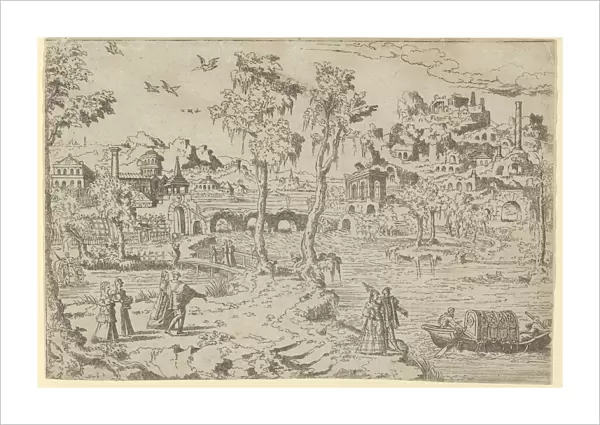 Landscape with ruins, courtiers, and a gondola, 1526-50. Creator: Leon Davent
