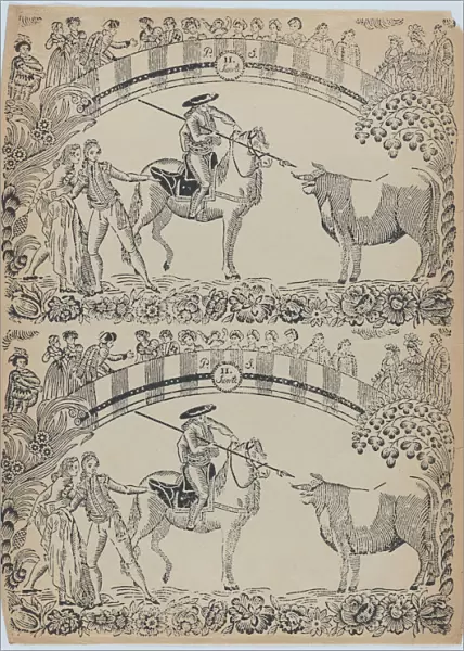 Suerte II: Picador on horseback about to stab a bull with a pique; two toreros behi... ca. 1850-80. Creator: Anon