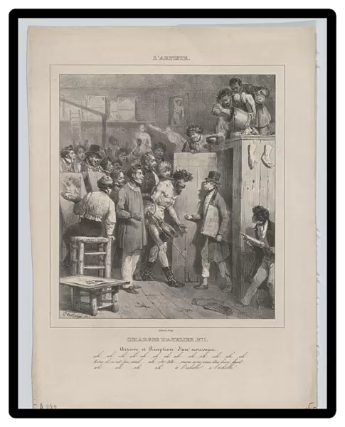 Responsibilities of an Atelier: Number 1: The Arrival and Reception of a Newcomer, 1832. Creator: Hippolyte Bellangé
