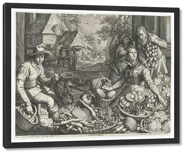 Market Scene, the Rest on the Flight into Egypt in the Background, from Kitchen and Market... 1603. Creator: Jacob Matham
