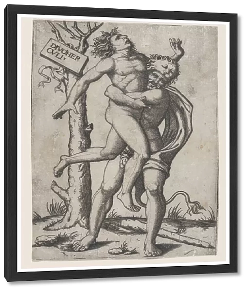 Hercules, grasping Antaeus at the waist with both arms and lifting him off his fe... ca. 1500-1550. Creator: Marcantonio Raimondi
