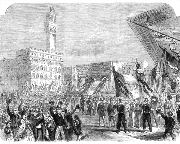 Trades demonstration at Florence against the temporal power of the Pope, 1862. Creator: Unknown