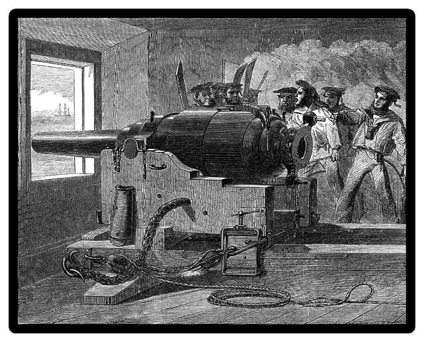 Manufacture of the Armstrong Gun at Woolwich Arsenal: naval practice with a 100-pounder, 1862. Creator: Unknown