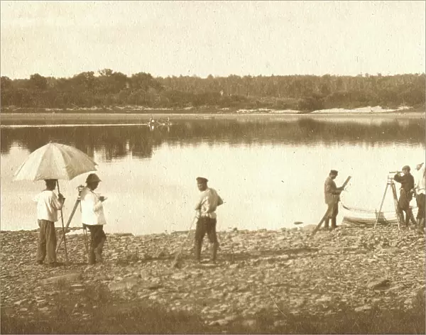 Carrying out leveling on the banks of the Zeya River, 1909. Creator: Vladimir Ivanovich Fedorov